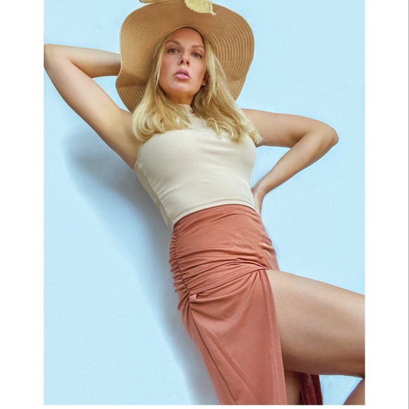 Worn once. Light brass brown high slit skirt. - Picture 1 of 2